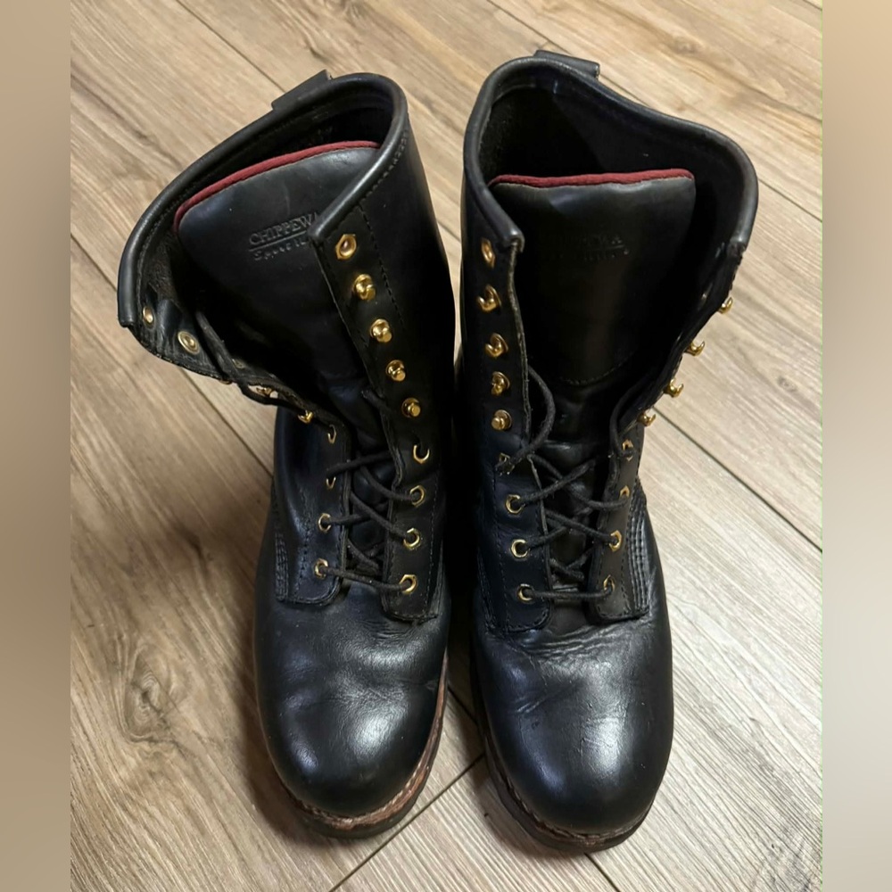 Vintage Chippewa Black Leather Boots with Brass Details